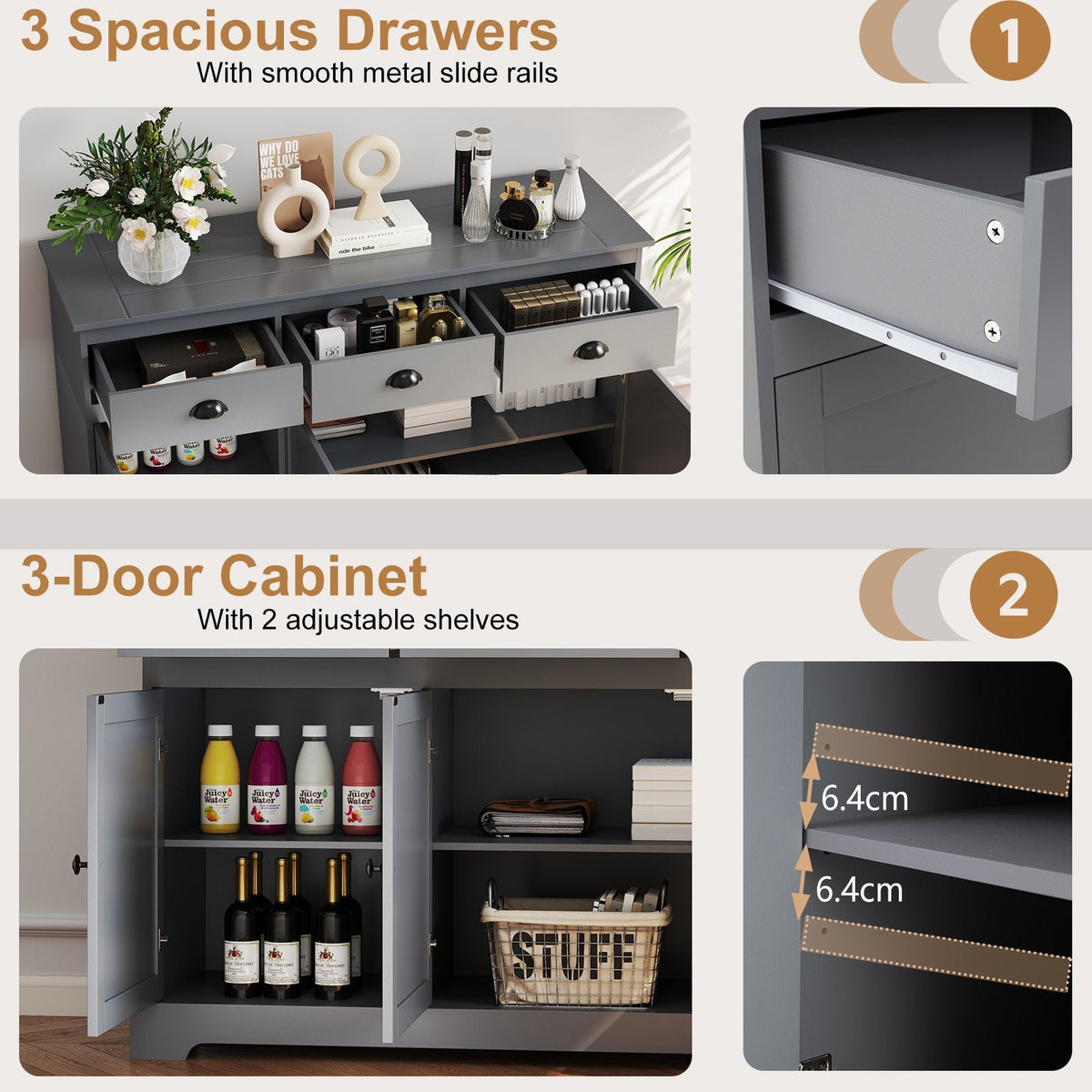 Sideboard Buffet mit 3 Schubladen und verstellbaren Einlegeböden – Grau