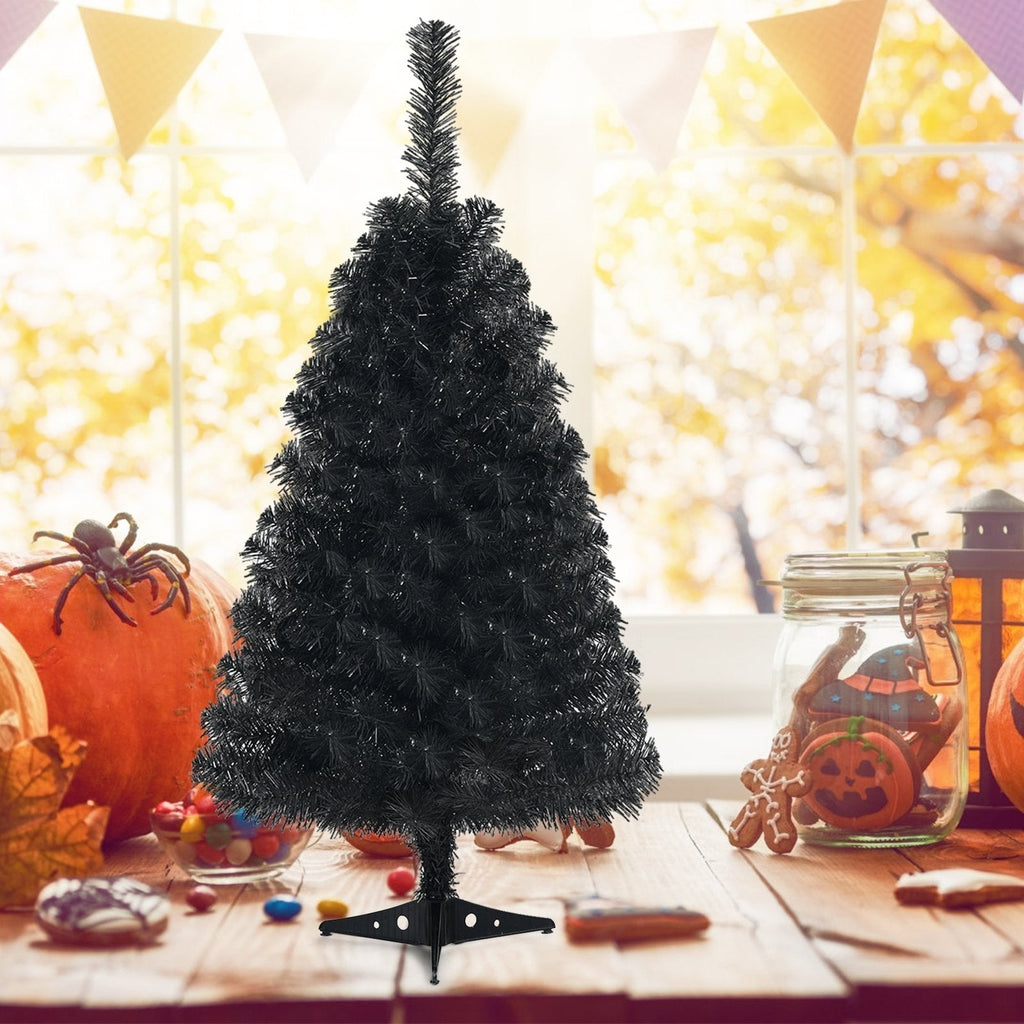 3 FT Schwarzer künstlicher Tischbaum mit 116 Zweigspitzen und Kunststoffständer für Halloween und Weihnachten