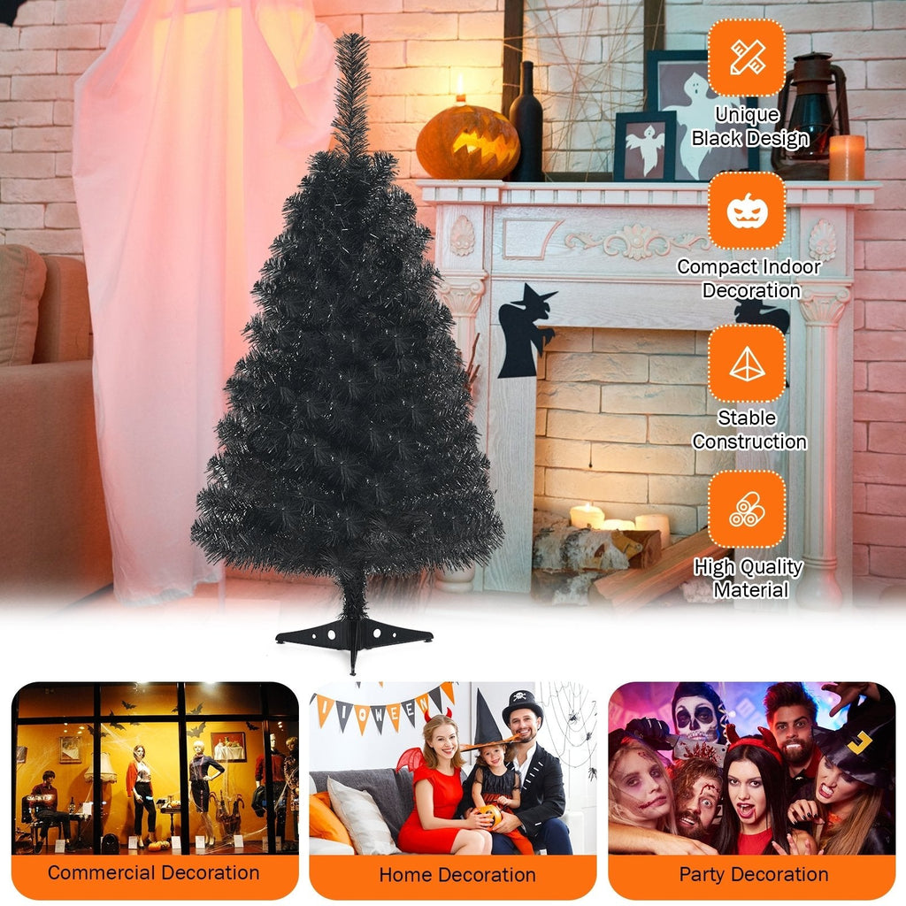 3 FT Schwarzer künstlicher Tischbaum mit 116 Zweigspitzen und Kunststoffständer für Halloween und Weihnachten