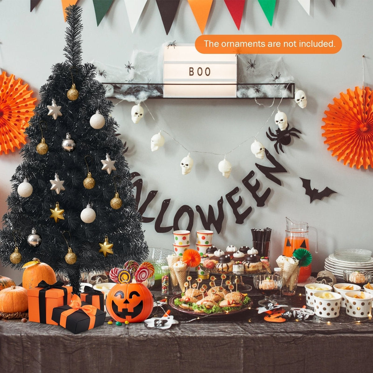 3 FT Schwarzer künstlicher Tischbaum mit 116 Zweigspitzen und Kunststoffständer für Halloween und Weihnachten
