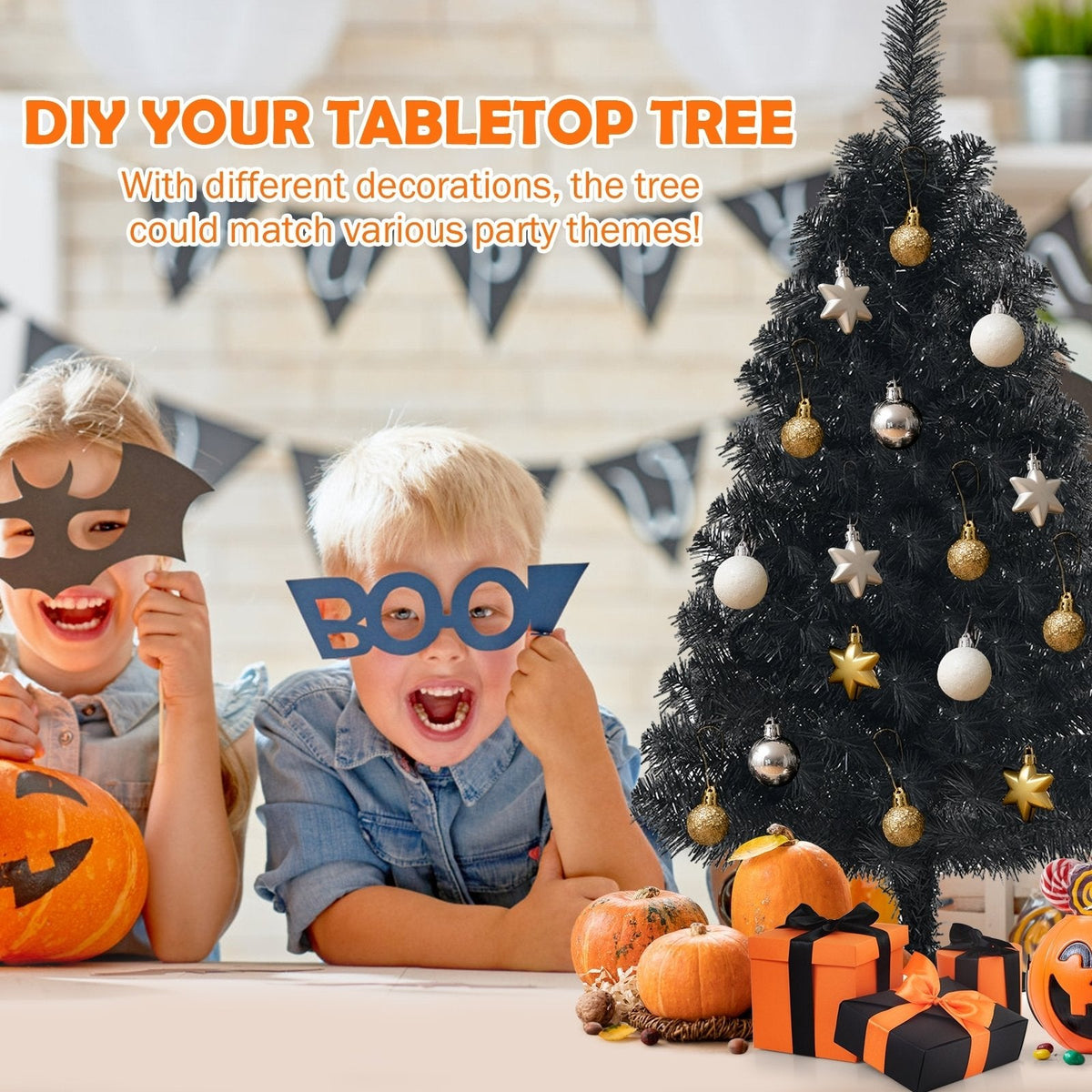 3 FT Schwarzer künstlicher Tischbaum mit 116 Zweigspitzen und Kunststoffständer für Halloween und Weihnachten