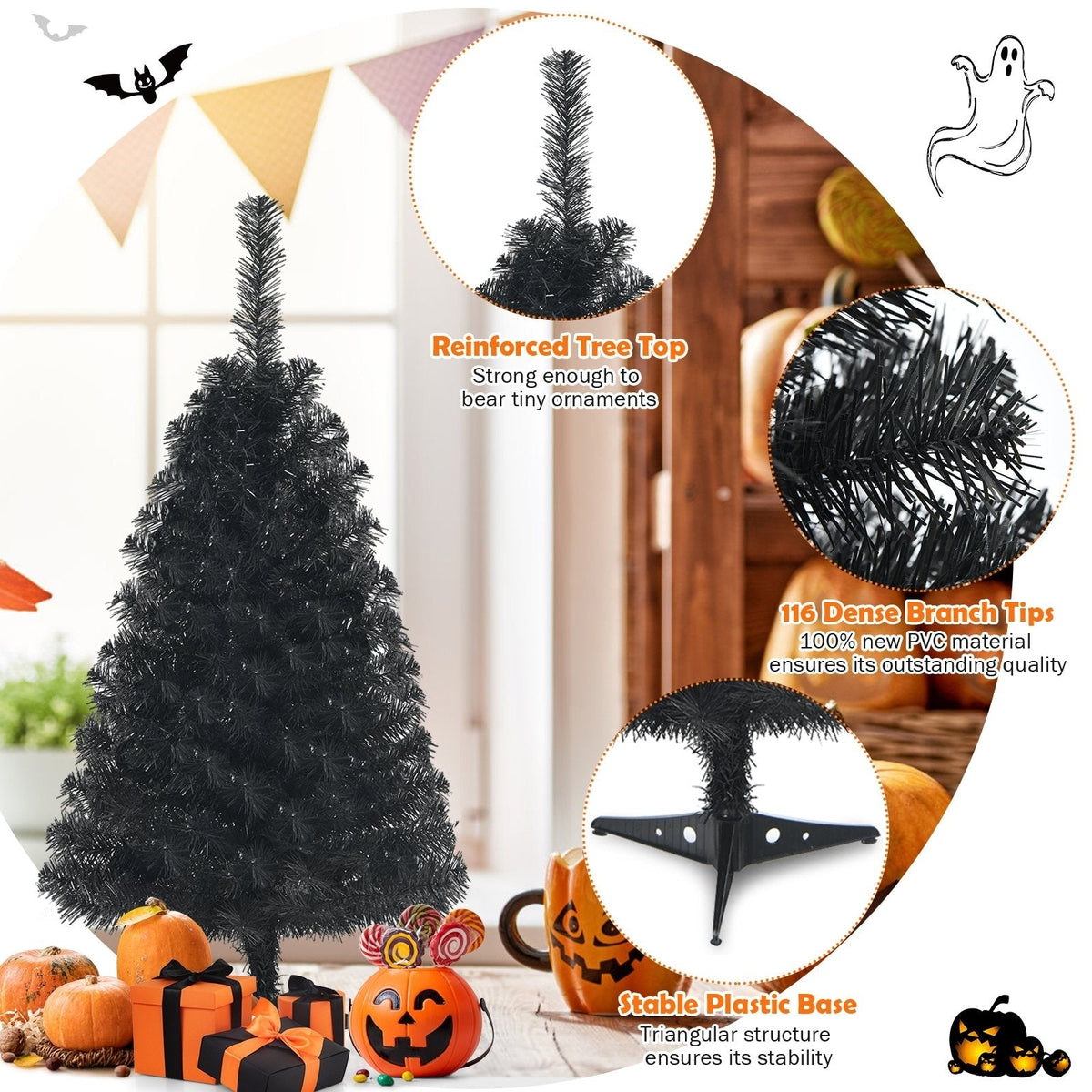 3 FT Schwarzer künstlicher Tischbaum mit 116 Zweigspitzen und Kunststoffständer für Halloween und Weihnachten