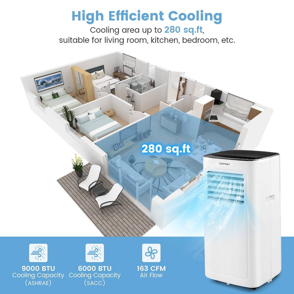 3-in-1 9000 BTU ポータブルエアコン 除湿機 24時間タイマー付き、ホワイト、280平方フィート