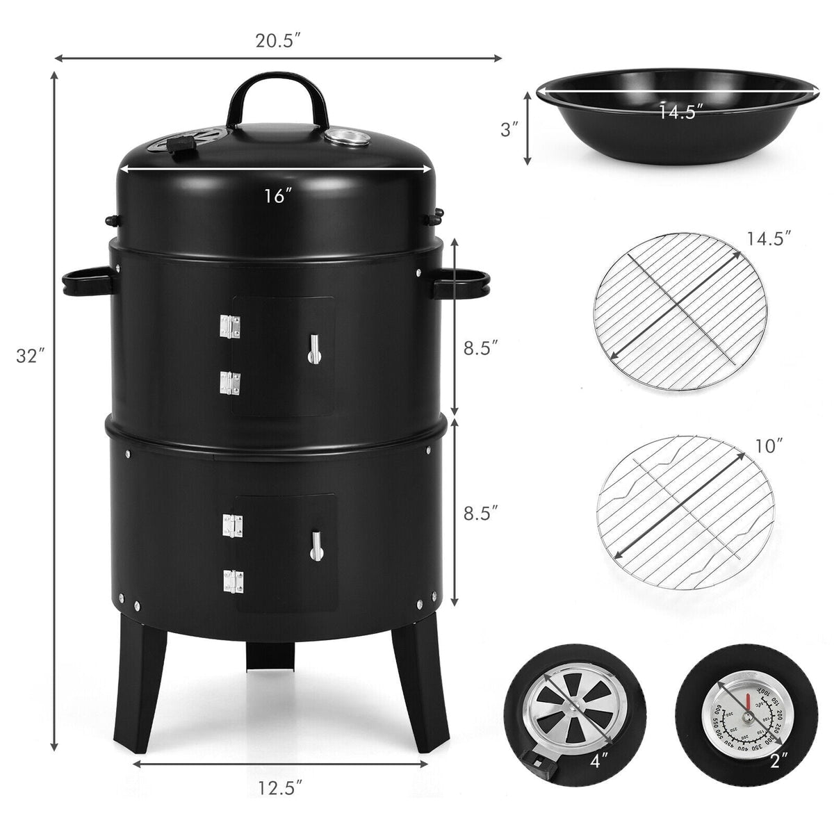 Barbecue au charbon de bois 3-en-1 Cambo avec thermomètre intégré