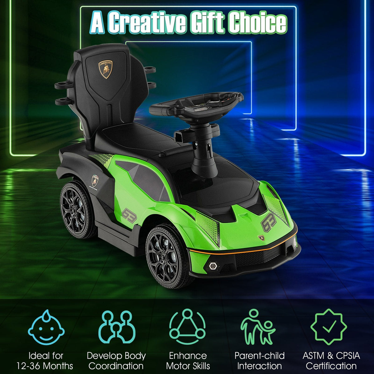 Coche de empuje 3 en 1 con licencia Lamborghini con barandilla y manija - Verde
