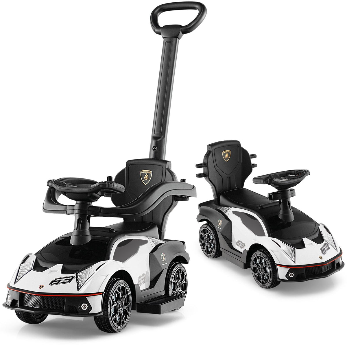 3-in-1 lizenziertes Lamborghini-Fahrspielzeug mit Schiebegriff und Seitenbegrenzung – Weiß