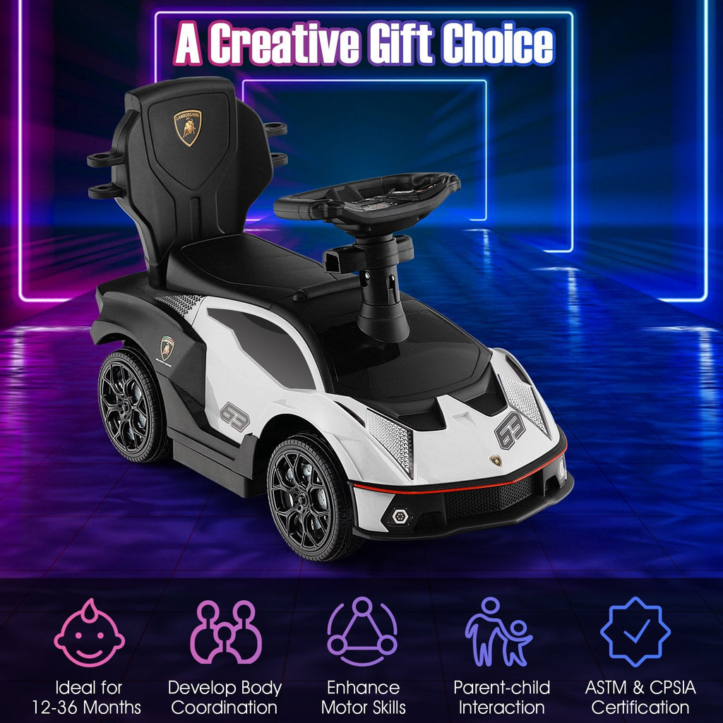 3-in-1 lizenziertes Lamborghini-Fahrspielzeug mit Schiebegriff und Seitenbegrenzung – Weiß