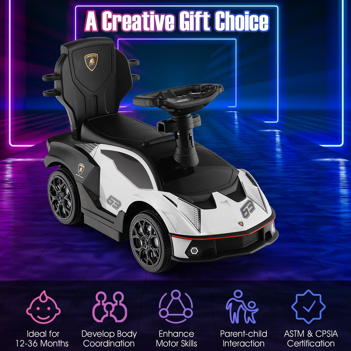 3-in-1 lizenziertes Lamborghini-Fahrspielzeug mit Schiebegriff und Seitenbegrenzung – Weiß