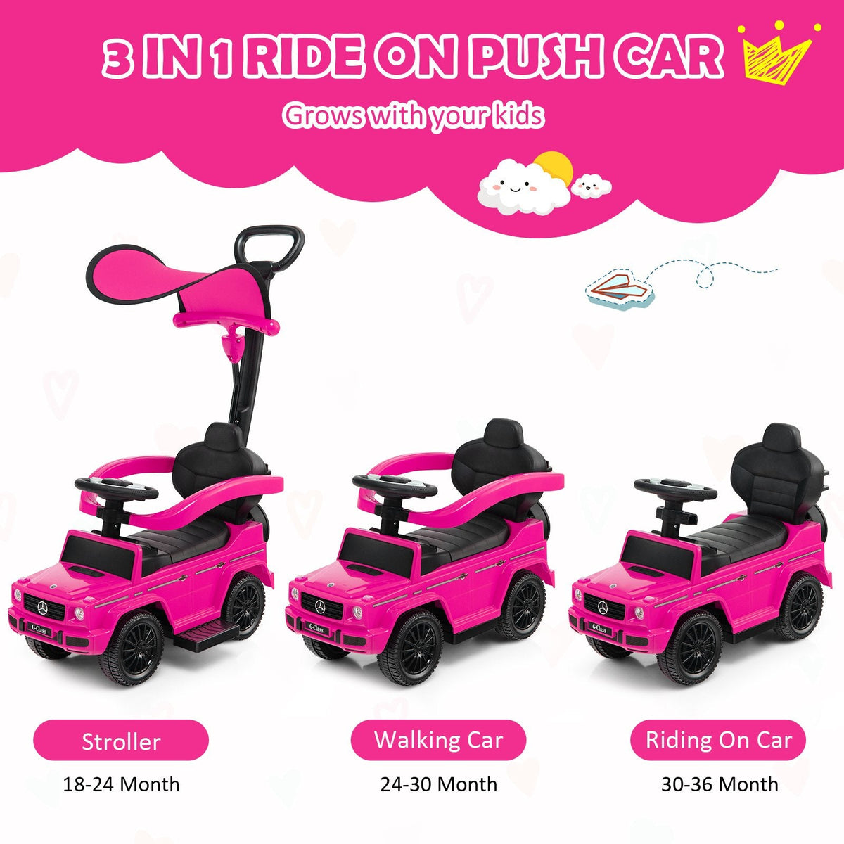 3-in-1 Rutschauto Mercedes Benz G350 Kinderwagen Schiebewagen mit Sonnendach - Pink