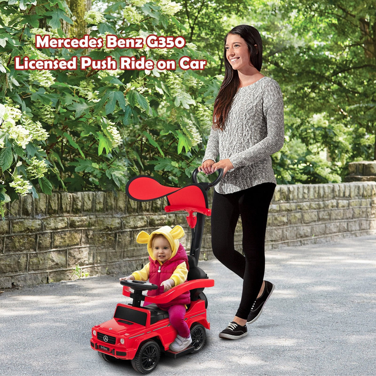 3-In-1 Ride on Push Car Mercedes Benz G350 Stroller Sliding Car with Canopy-Red