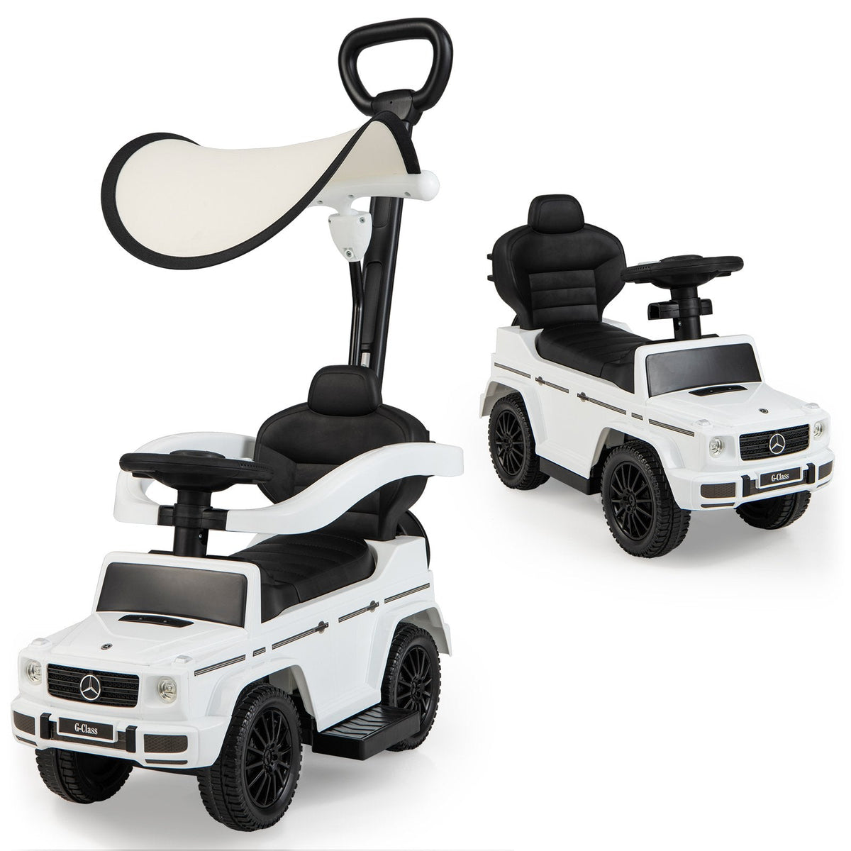 Cochecito de empuje 3 en 1 Mercedes Benz G350, coche deslizante con capota - Blanco