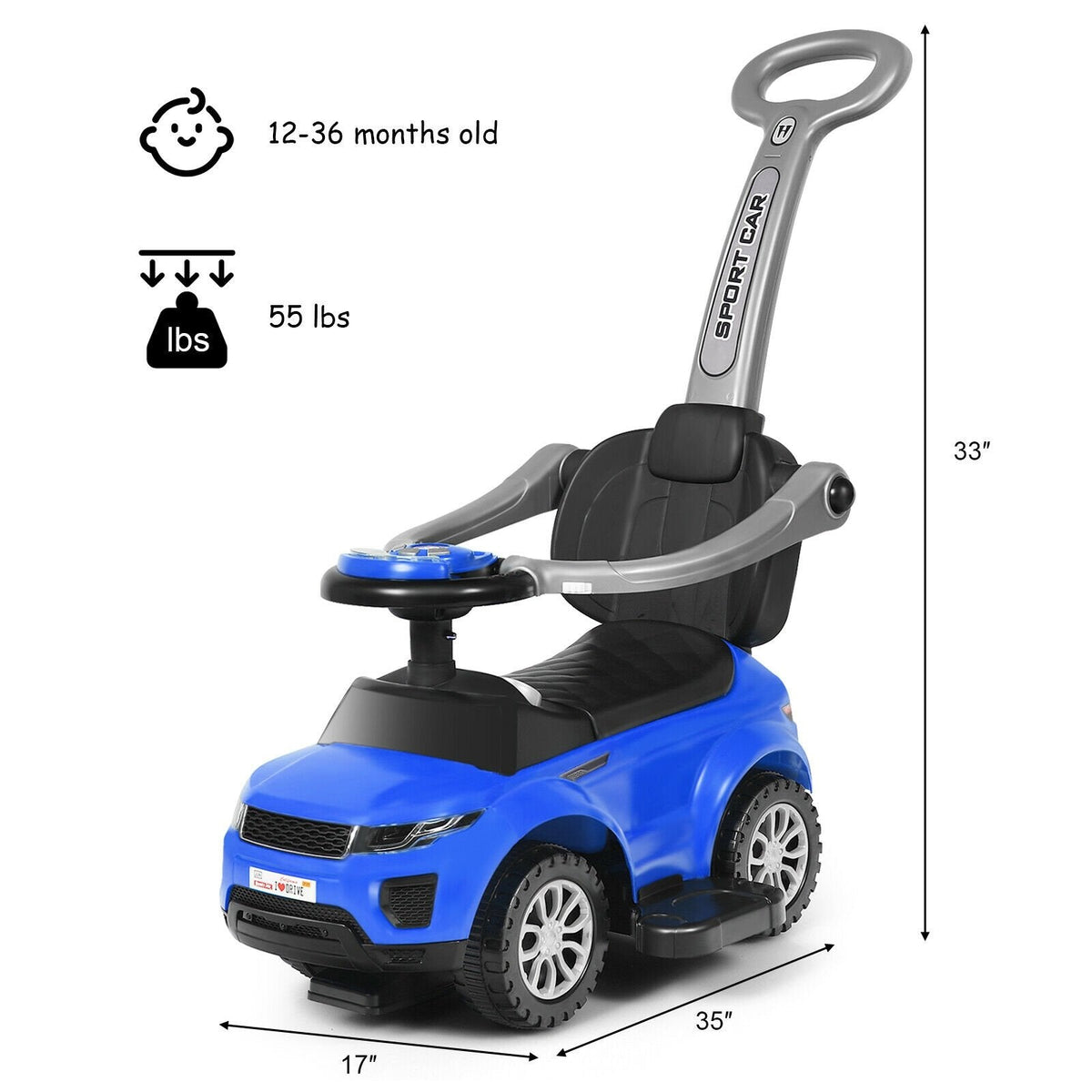 Voiture Porteur Poussée 3 en 1 avec Musique pour Tout-Petits - Bleu