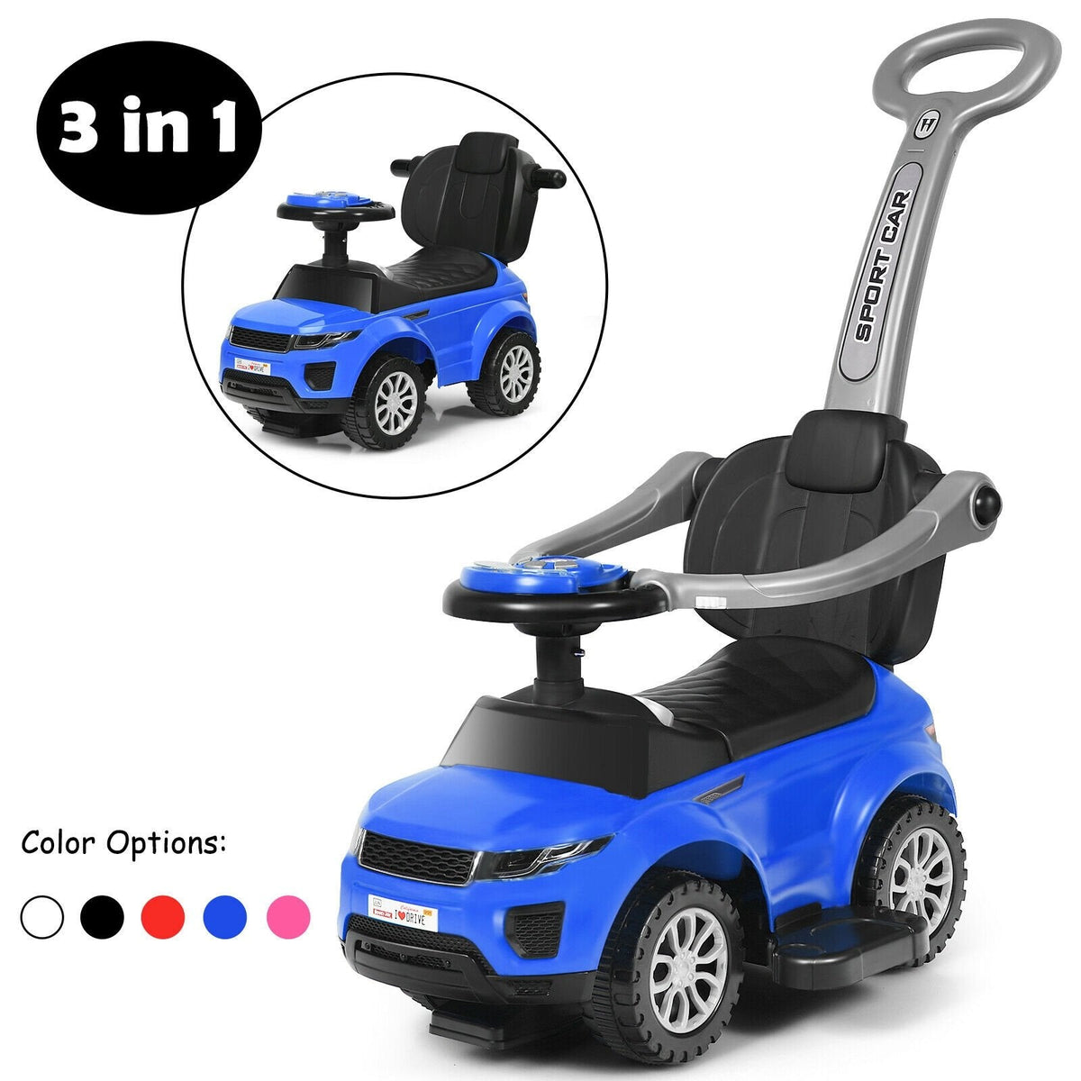 Voiture Porteur Poussée 3 en 1 avec Musique pour Tout-Petits - Bleu