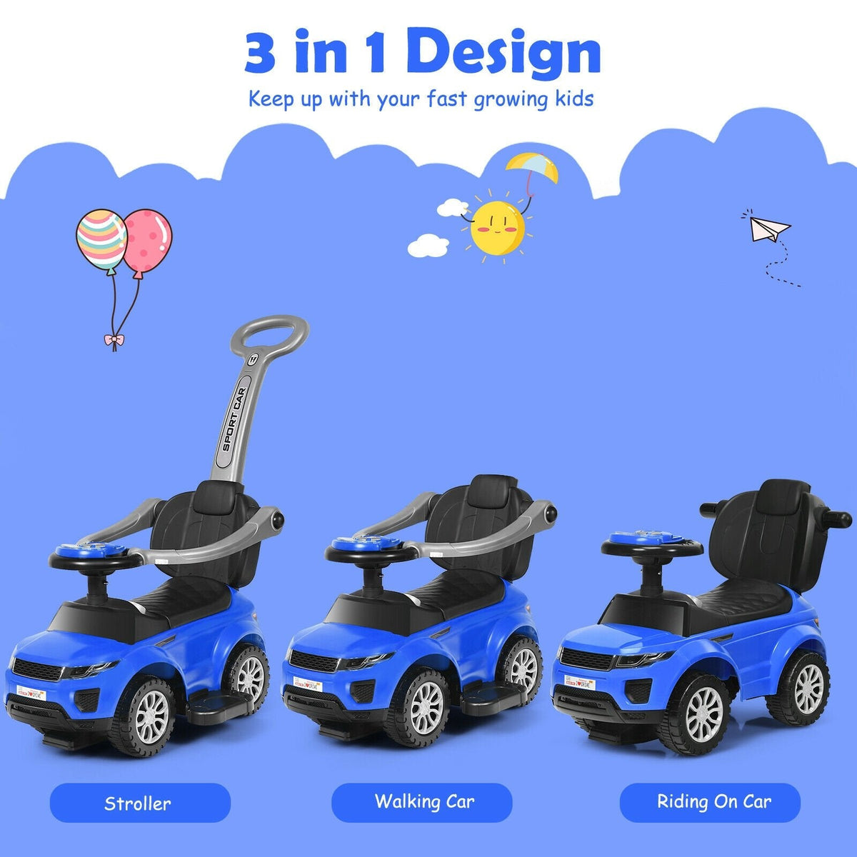 Voiture Porteur Poussée 3 en 1 avec Musique pour Tout-Petits - Bleu
