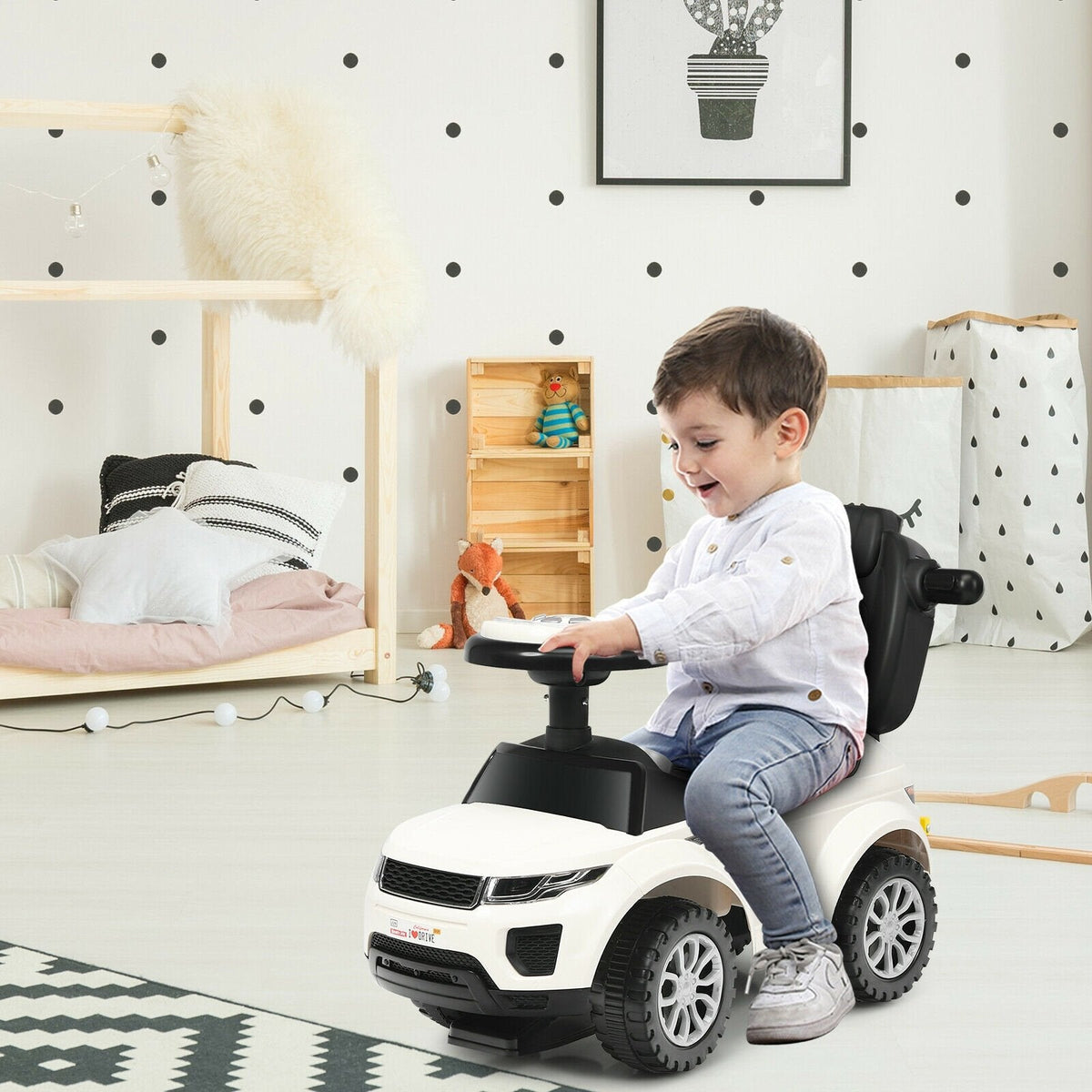 Voiture à pousser 3-en-1 pour enfant avec musique - Blanc