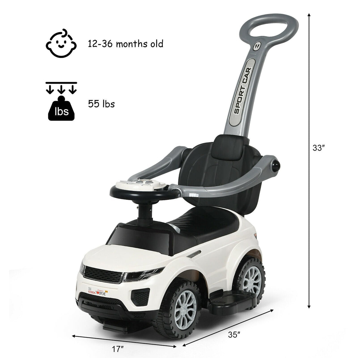 Voiture à pousser 3-en-1 pour enfant avec musique - Blanc