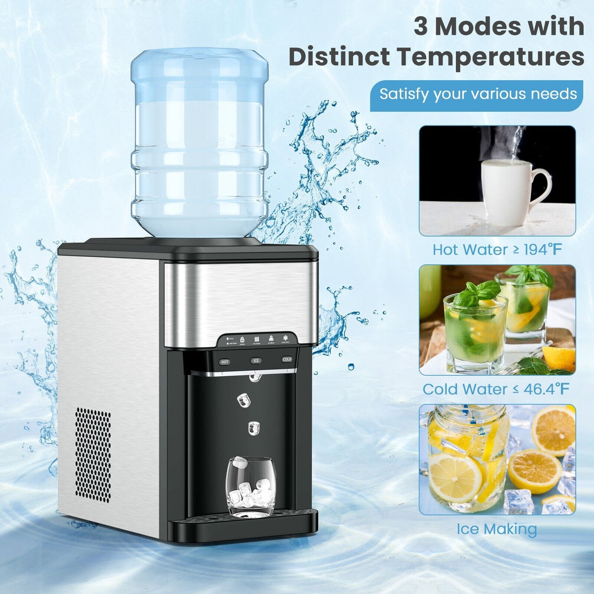 3-in-1 Wasserspender mit integriertem Eisbereiter und 3 Temperatureinstellungen – Silber