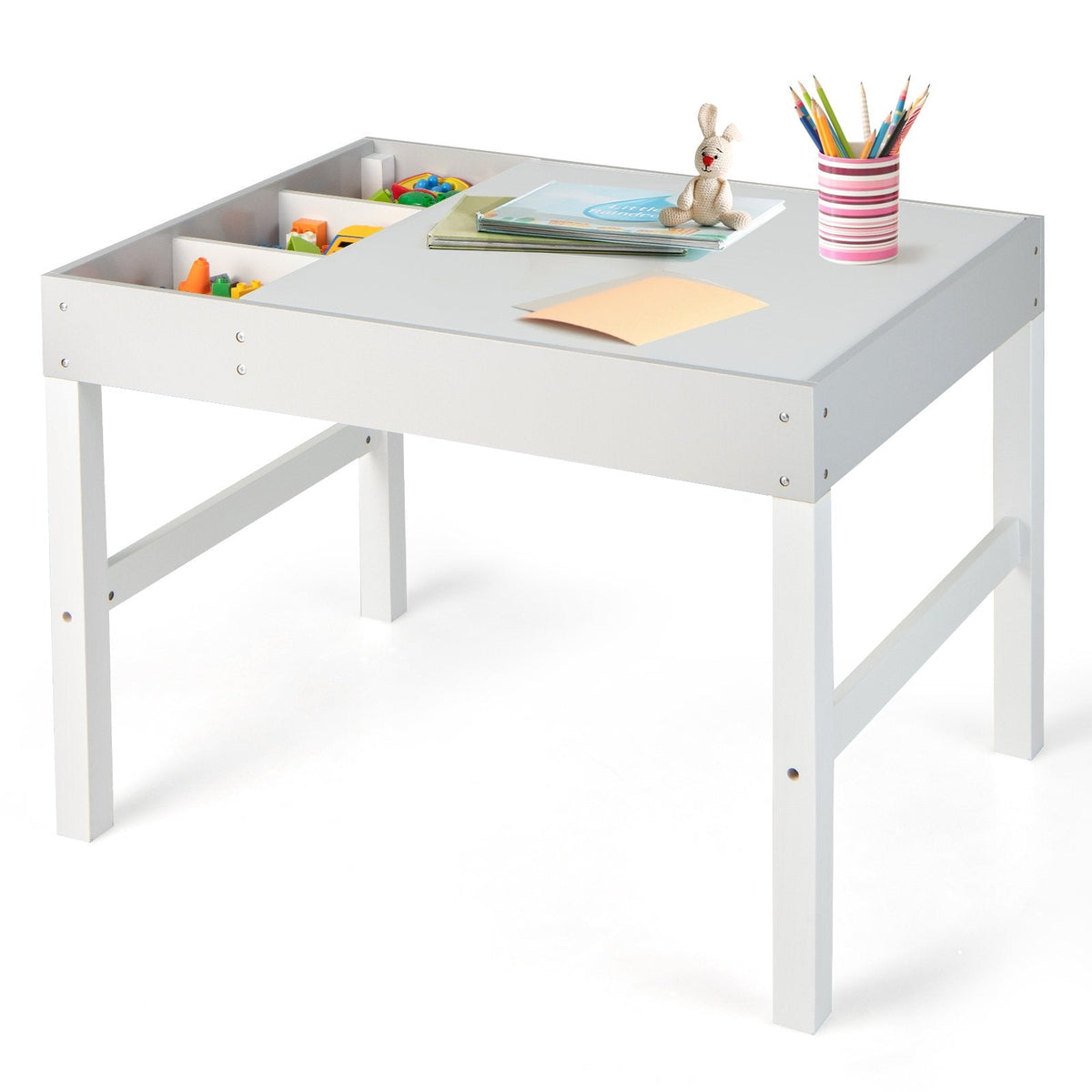Mesa de madera 3 en 1 para niños con almacenamiento y tablero de doble cara - Blanco