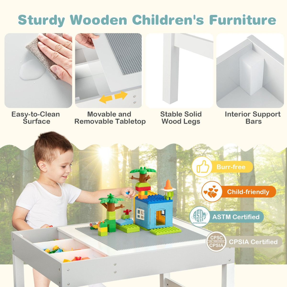 Mesa de madera 3 en 1 para niños con almacenamiento y tablero de doble cara - Blanco