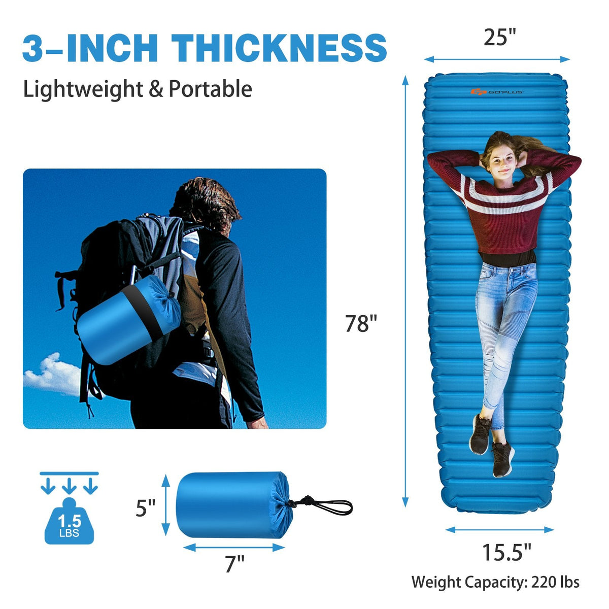 Colchoneta de camping inflable impermeable de 3 pulgadas de grosor - Azul
