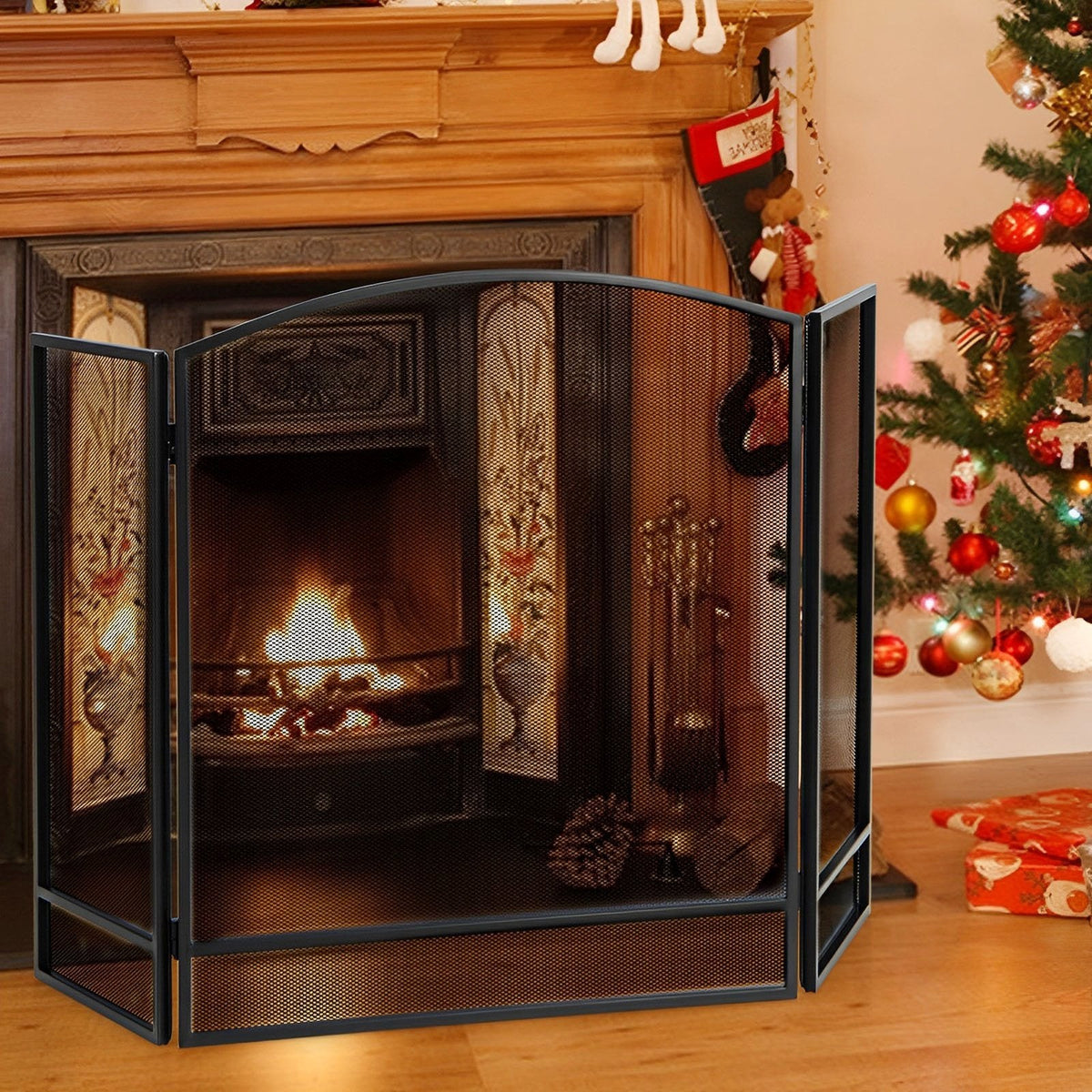 Écran de cheminée pliable en 3 panneaux avec maille en métal forgé - Noir