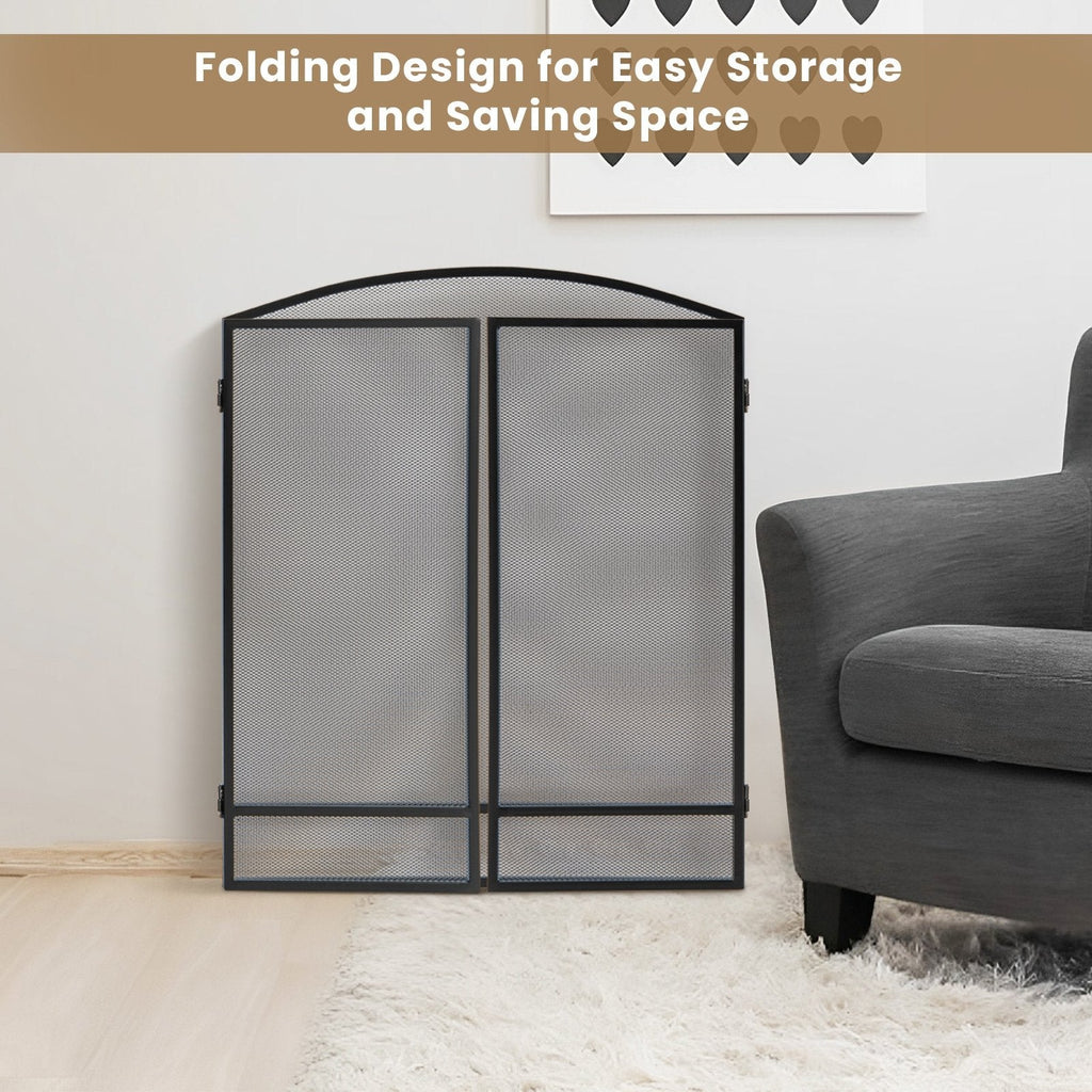 Écran de cheminée pliable en 3 panneaux avec maille en métal forgé - Noir