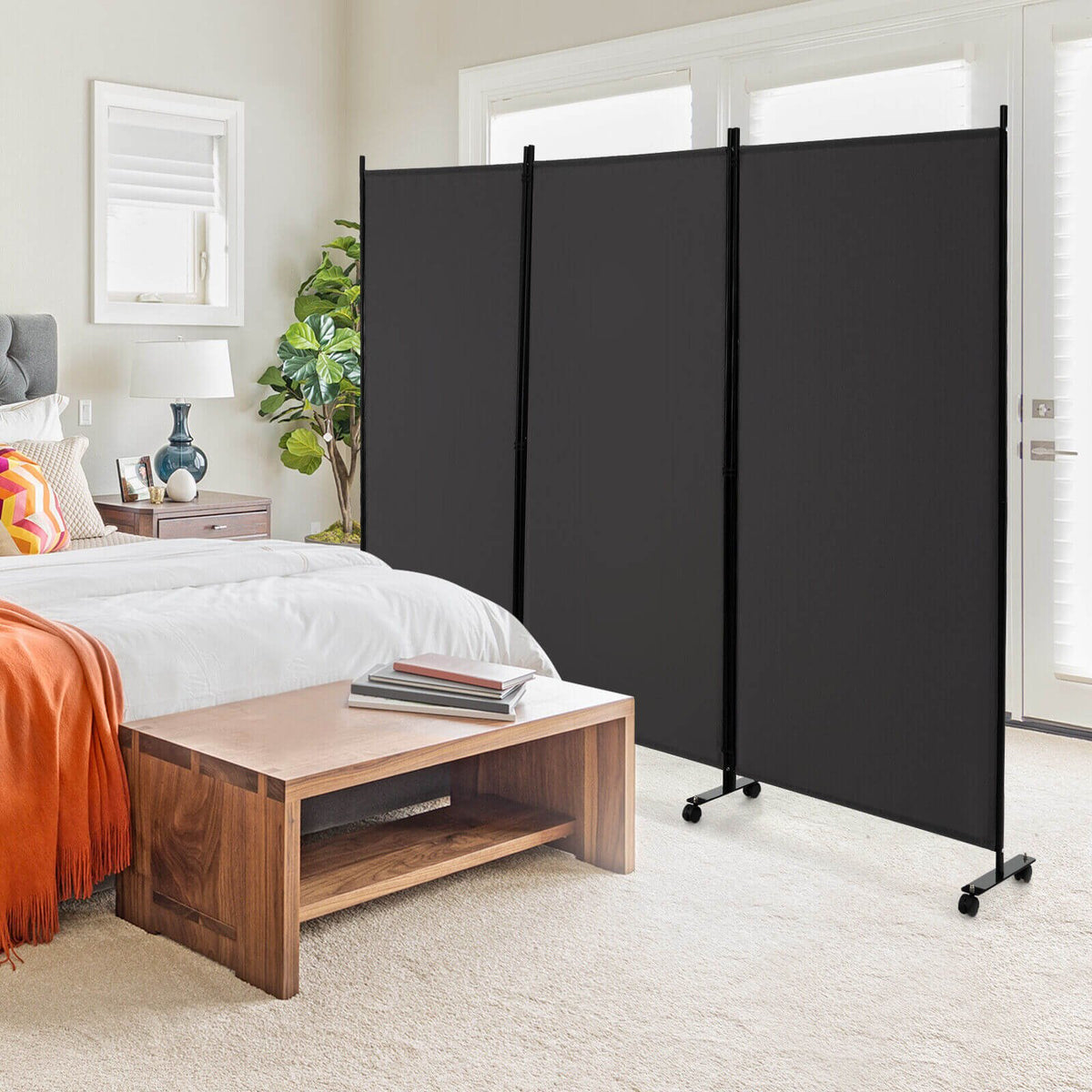 Biombo plegable de 3 paneles con ruedas con bloqueo - gris