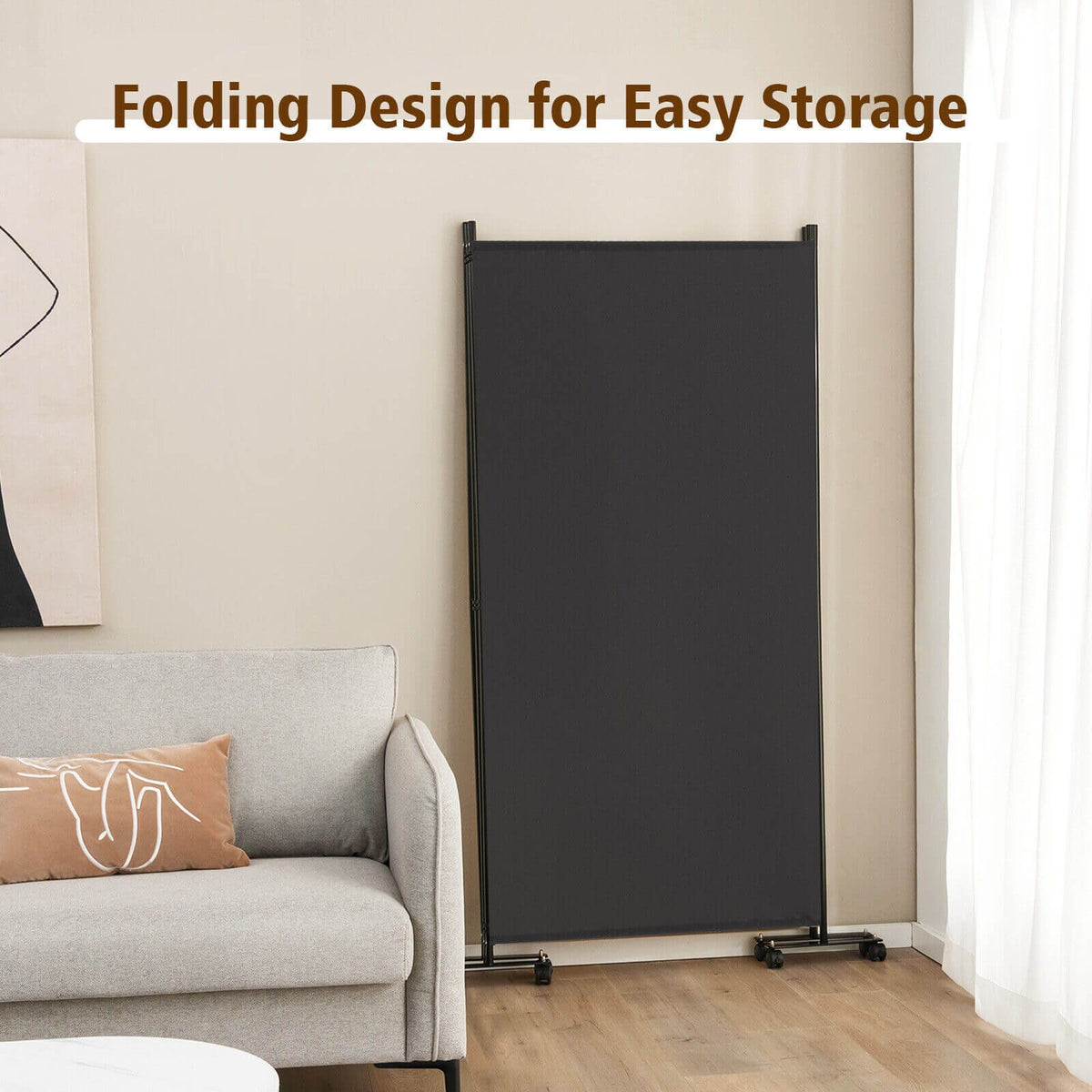 Biombo plegable de 3 paneles con ruedas con bloqueo - gris