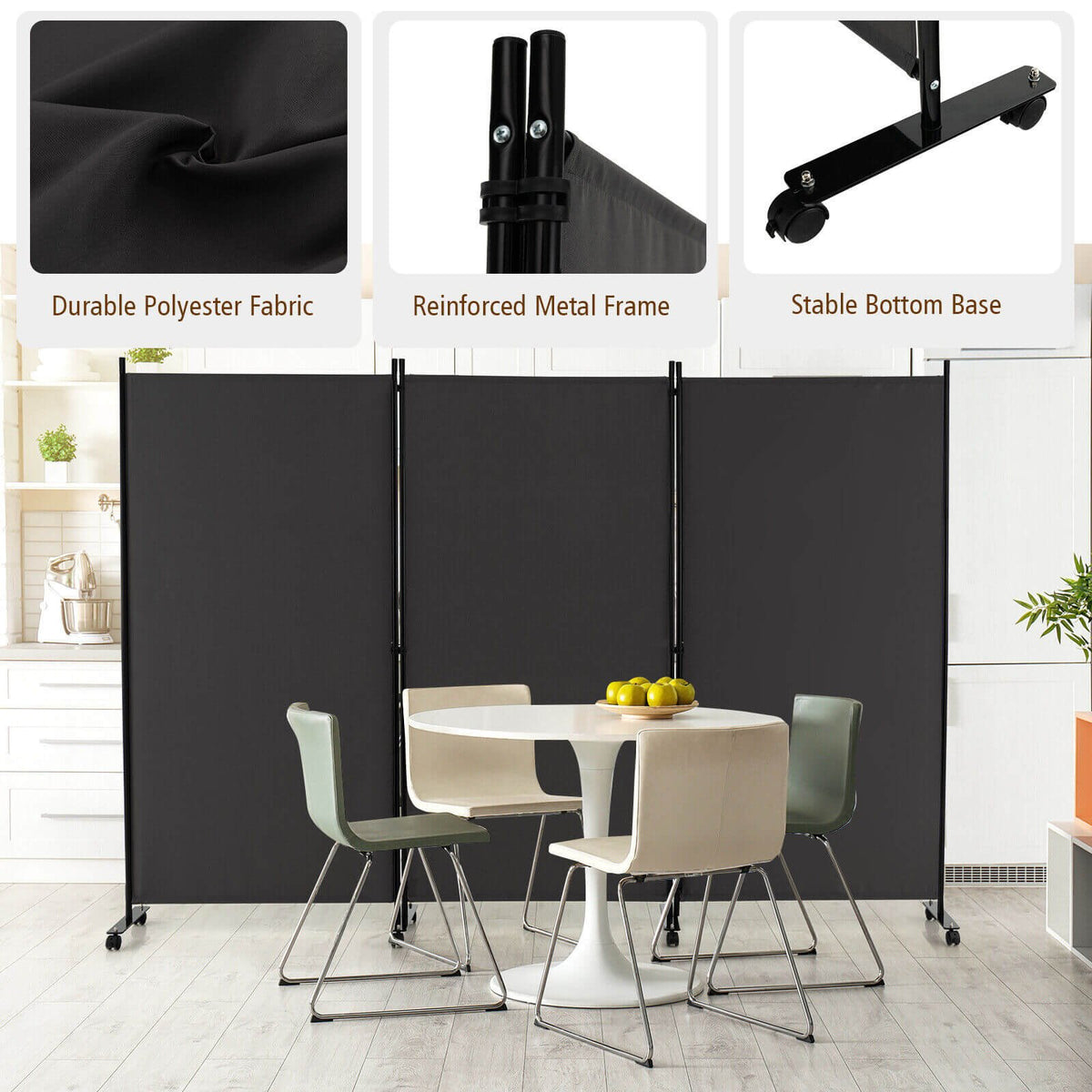 Biombo plegable de 3 paneles con ruedas con bloqueo - gris