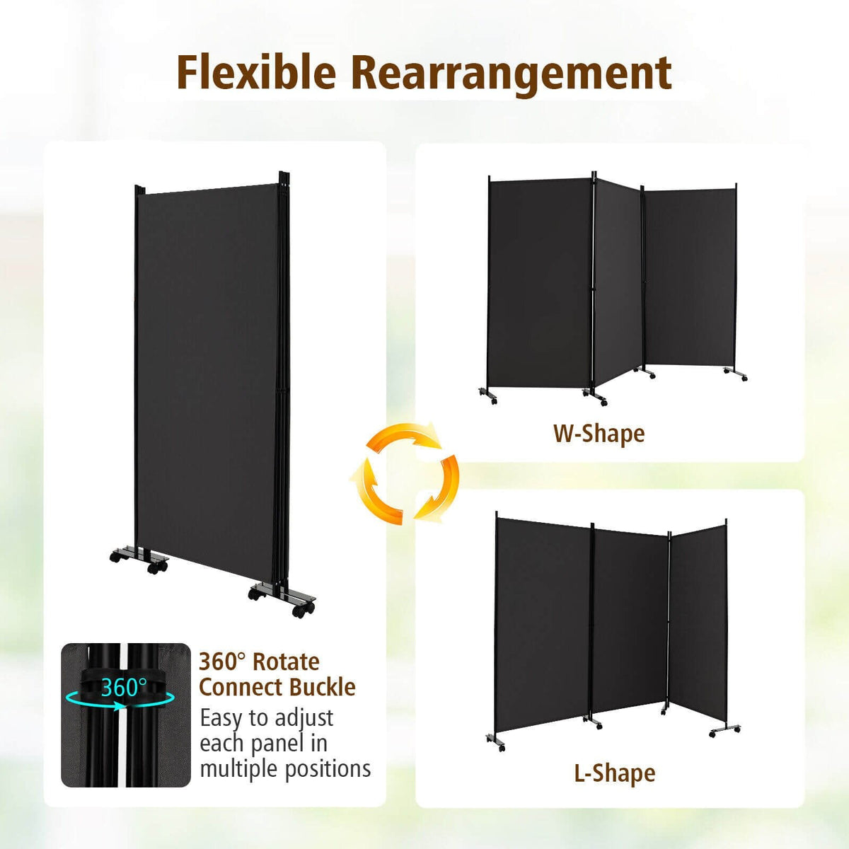 Biombo plegable de 3 paneles con ruedas con bloqueo - gris