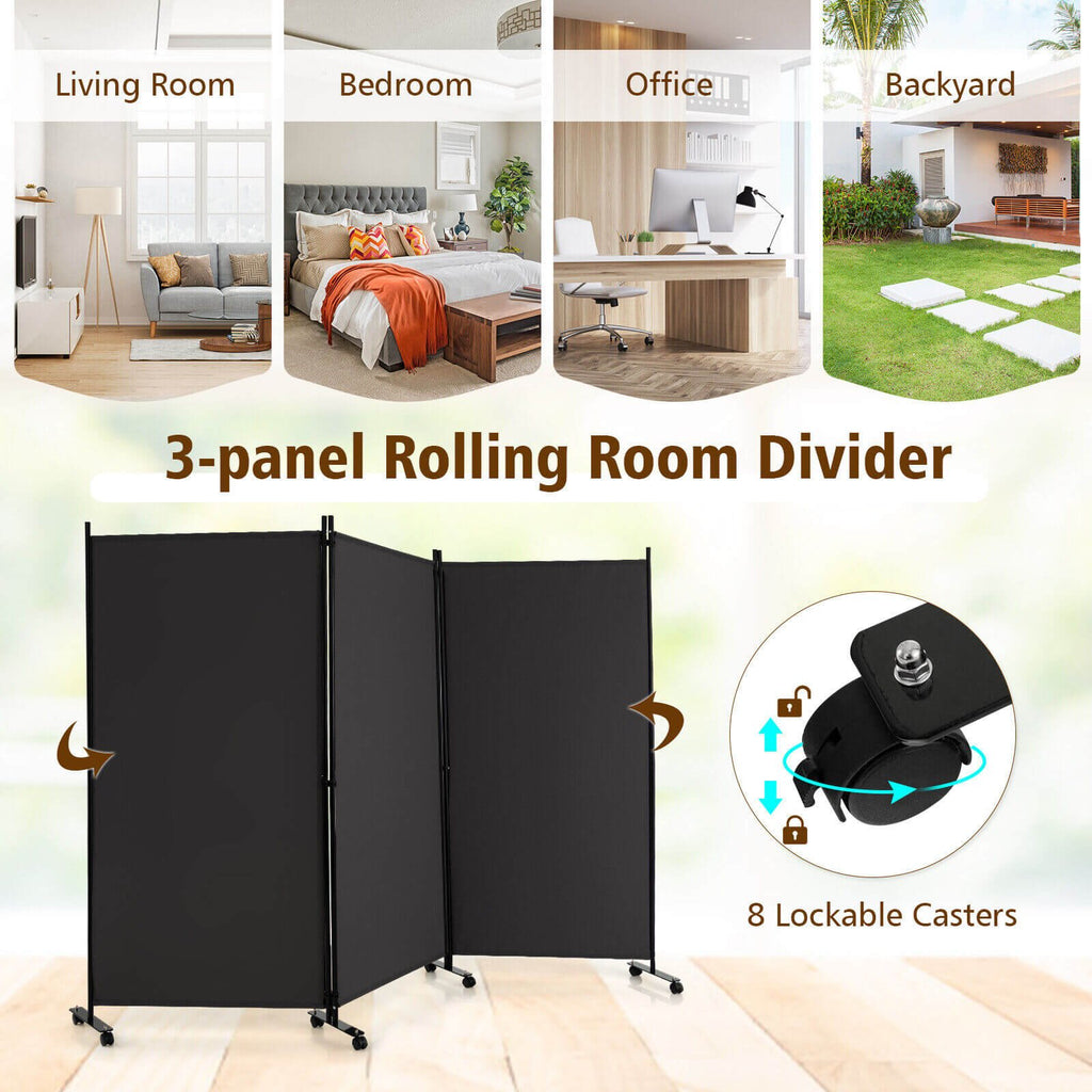 Biombo plegable de 3 paneles con ruedas con bloqueo - gris