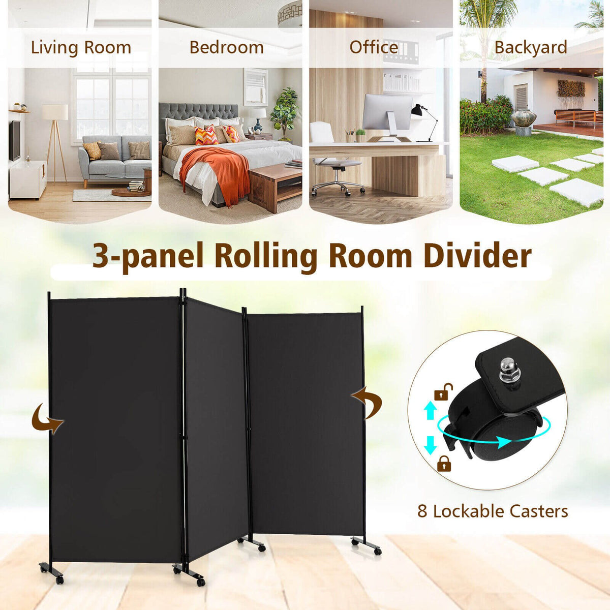 Biombo plegable de 3 paneles con ruedas con bloqueo - gris