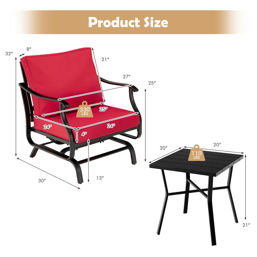 3 Piece Patio Glider Set, 2 Gliding Chairs Rated 330 lb with 8 in Red Back Cushions and Powder Coated Slatted Coffee Table