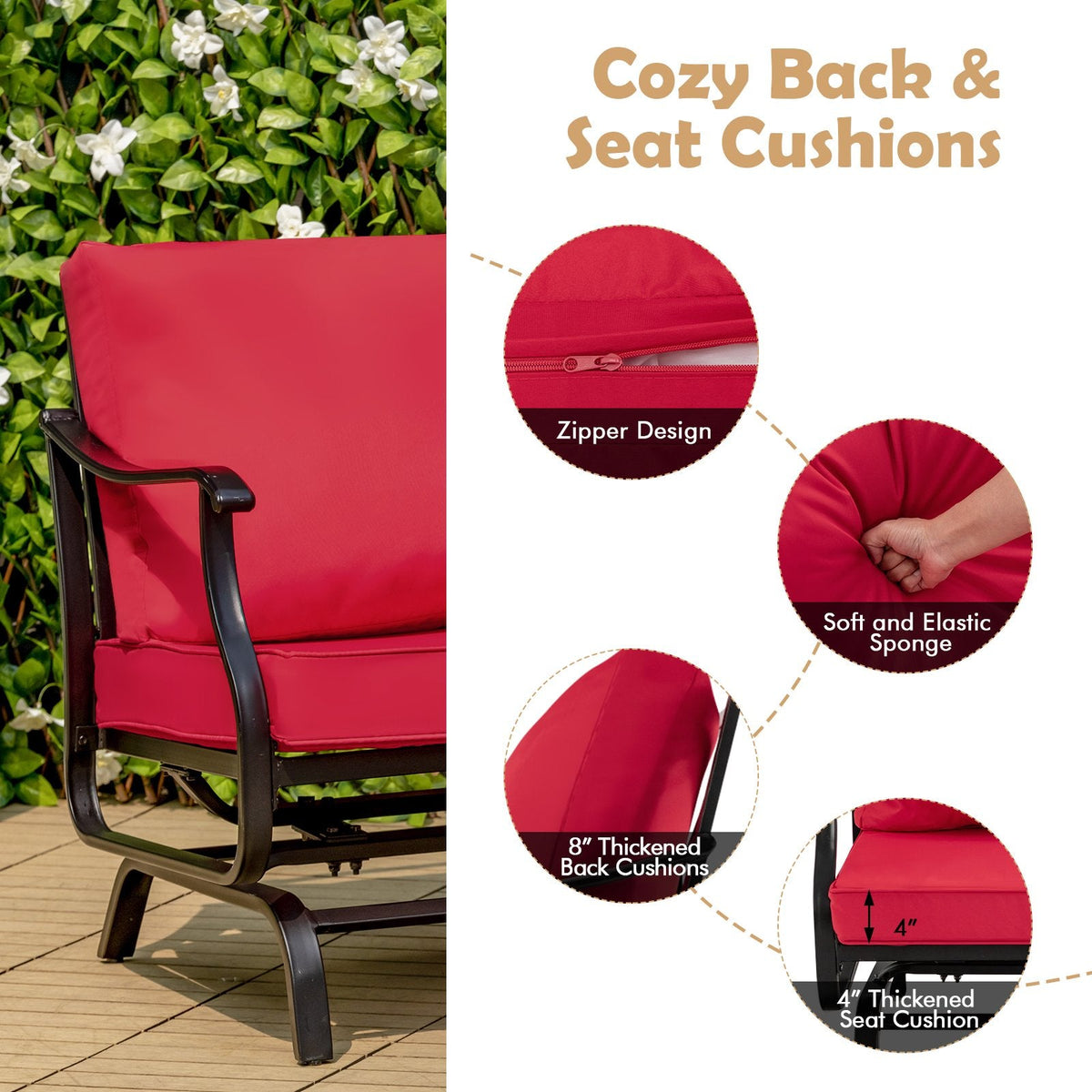 3 Piece Patio Glider Set, 2 Gliding Chairs Rated 330 lb with 8 in Red Back Cushions and Powder Coated Slatted Coffee Table