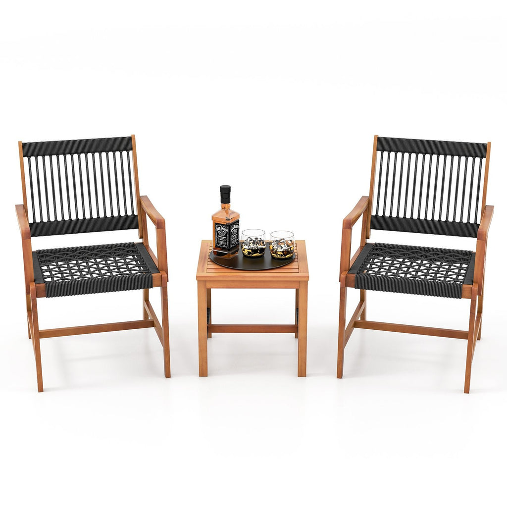Ensemble de patio 3 pièces en bois d'acacia, 2 fauteuils d'une capacité de 360 lb avec assises en corde tressée à la main et table d'appoint à lattes de 18 po