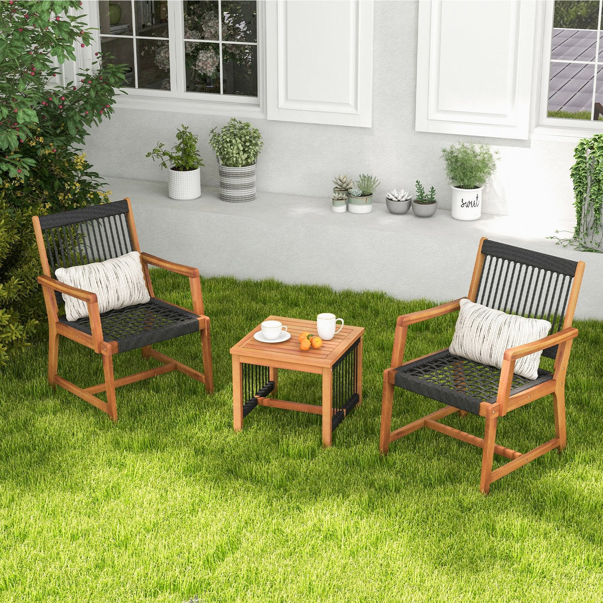 Ensemble de patio 3 pièces en bois d'acacia, 2 fauteuils d'une capacité de 360 lb avec assises en corde tressée à la main et table d'appoint à lattes de 18 po