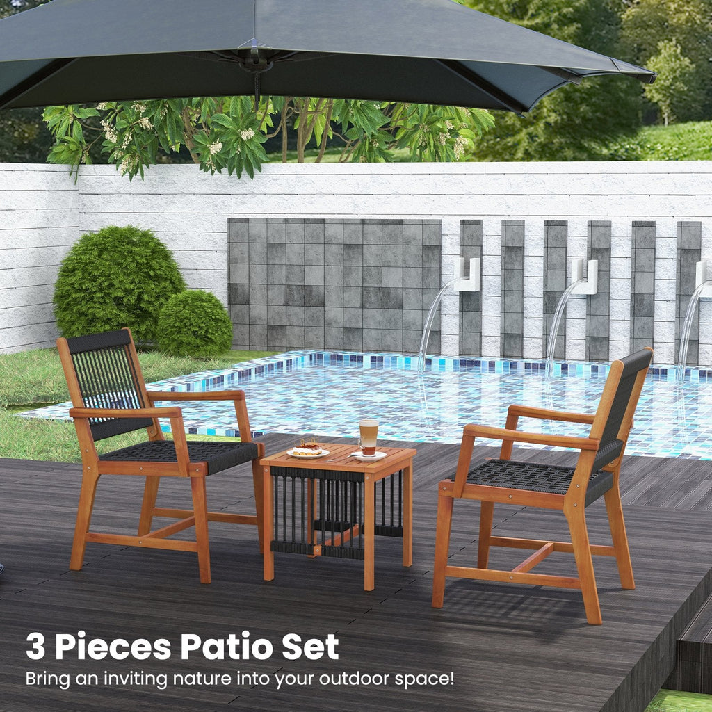 Ensemble de patio 3 pièces en bois d'acacia, 2 fauteuils d'une capacité de 360 lb avec assises en corde tressée à la main et table d'appoint à lattes de 18 po