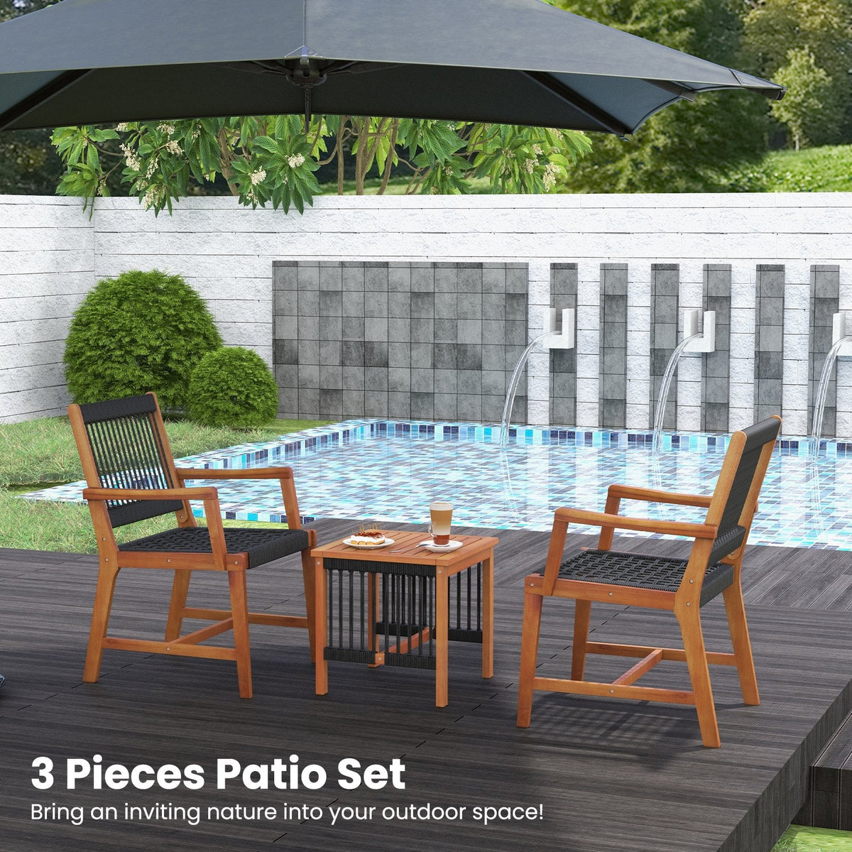 Ensemble de patio 3 pièces en bois d'acacia, 2 fauteuils d'une capacité de 360 lb avec assises en corde tressée à la main et table d'appoint à lattes de 18 po