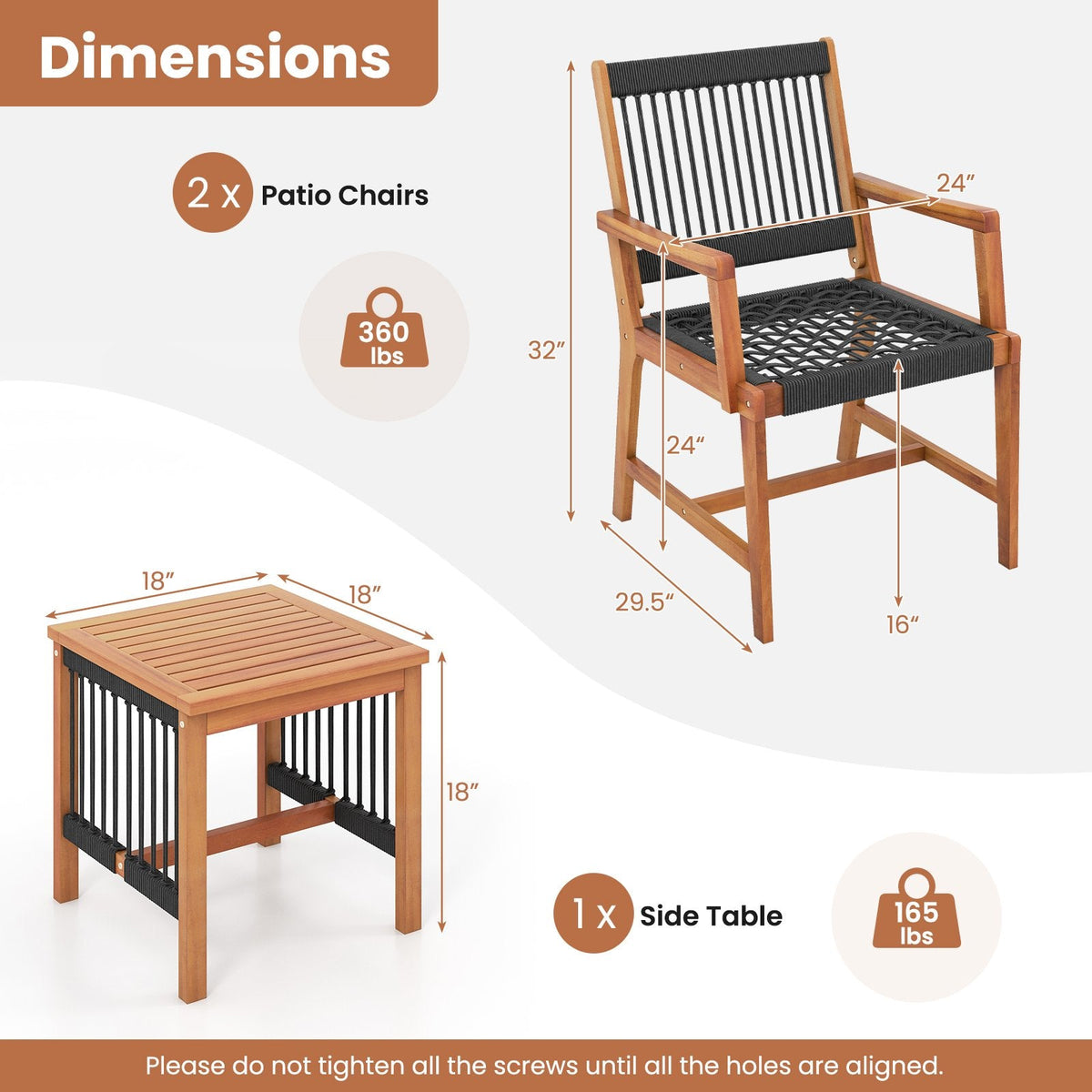 Ensemble de patio 3 pièces en bois d'acacia, 2 fauteuils d'une capacité de 360 lb avec assises en corde tressée à la main et table d'appoint à lattes de 18 po