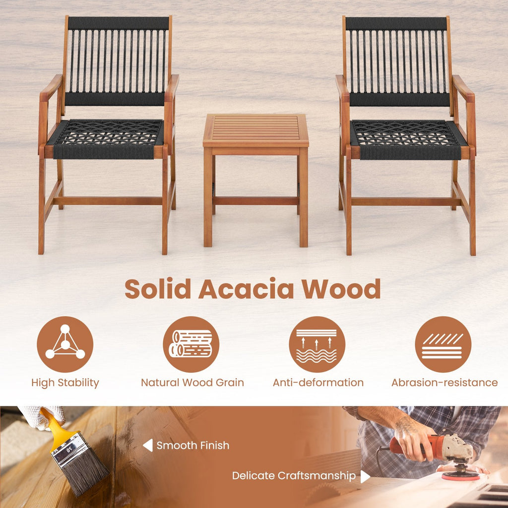 Ensemble de patio 3 pièces en bois d'acacia, 2 fauteuils d'une capacité de 360 lb avec assises en corde tressée à la main et table d'appoint à lattes de 18 po