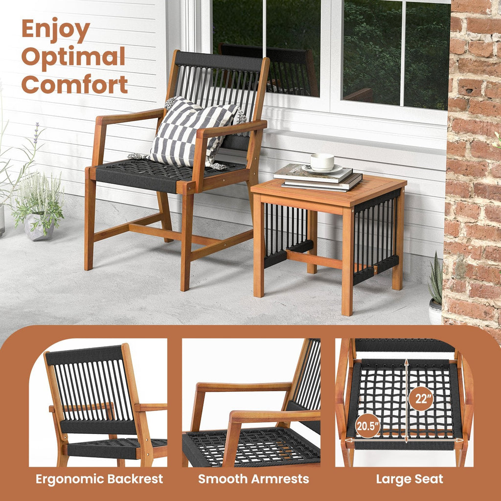 Ensemble de patio 3 pièces en bois d'acacia, 2 fauteuils d'une capacité de 360 lb avec assises en corde tressée à la main et table d'appoint à lattes de 18 po