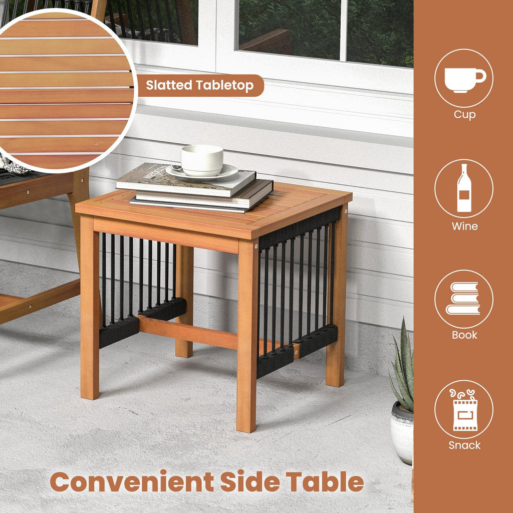 Ensemble de patio 3 pièces en bois d'acacia, 2 fauteuils d'une capacité de 360 lb avec assises en corde tressée à la main et table d'appoint à lattes de 18 po