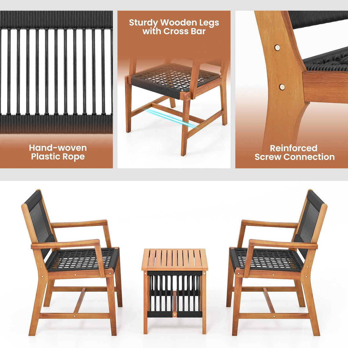 Ensemble de patio 3 pièces en bois d'acacia, 2 fauteuils d'une capacité de 360 lb avec assises en corde tressée à la main et table d'appoint à lattes de 18 po