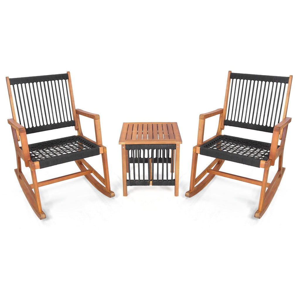Juego de bistró mecedor de madera de acacia de 3 piezas, 2 mecedores con capacidad para 360 lb y asientos de cuerda de plástico tejida a mano y mesa de listones de 18 in