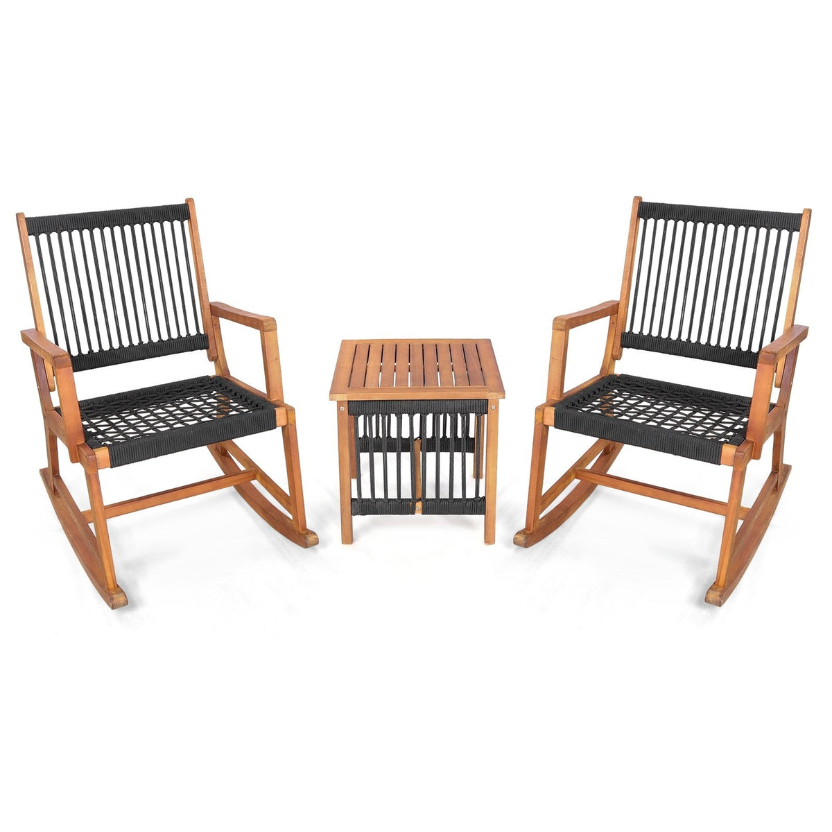 Juego de bistró mecedor de madera de acacia de 3 piezas, 2 mecedores con capacidad para 360 lb y asientos de cuerda de plástico tejida a mano y mesa de listones de 18 in