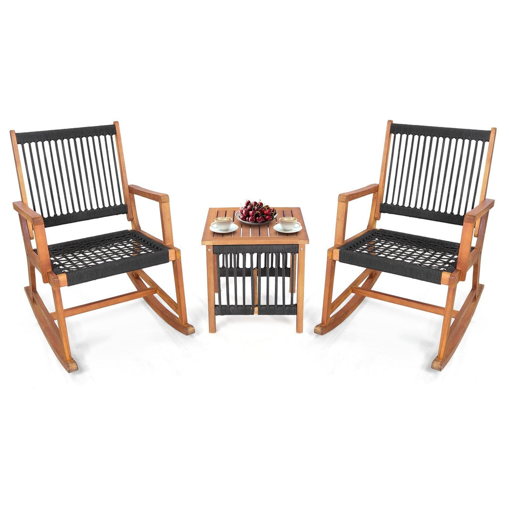 Juego de bistró mecedor de madera de acacia de 3 piezas, 2 mecedores con capacidad para 360 lb y asientos de cuerda de plástico tejida a mano y mesa de listones de 18 in