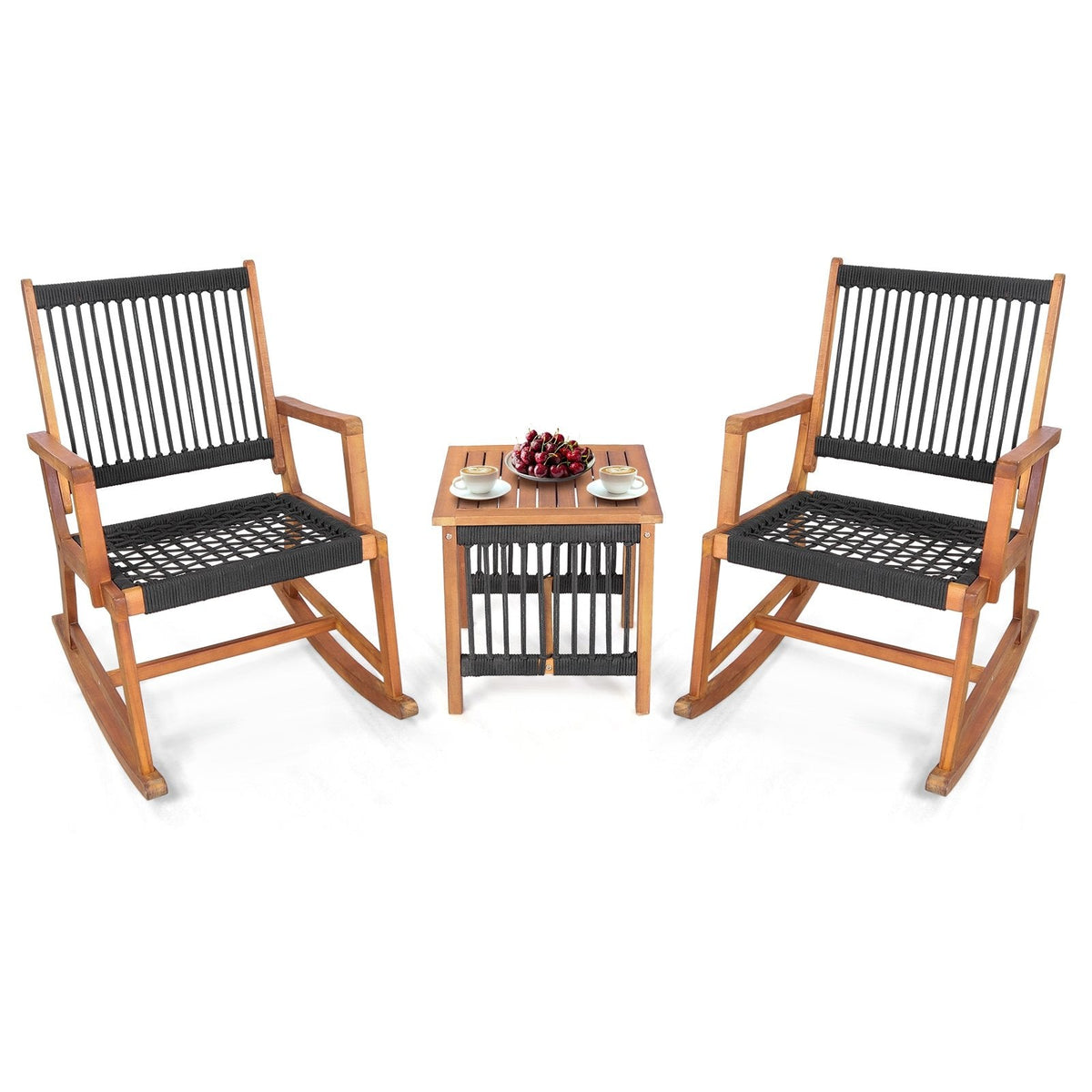 Juego de bistró mecedor de madera de acacia de 3 piezas, 2 mecedores con capacidad para 360 lb y asientos de cuerda de plástico tejida a mano y mesa de listones de 18 in