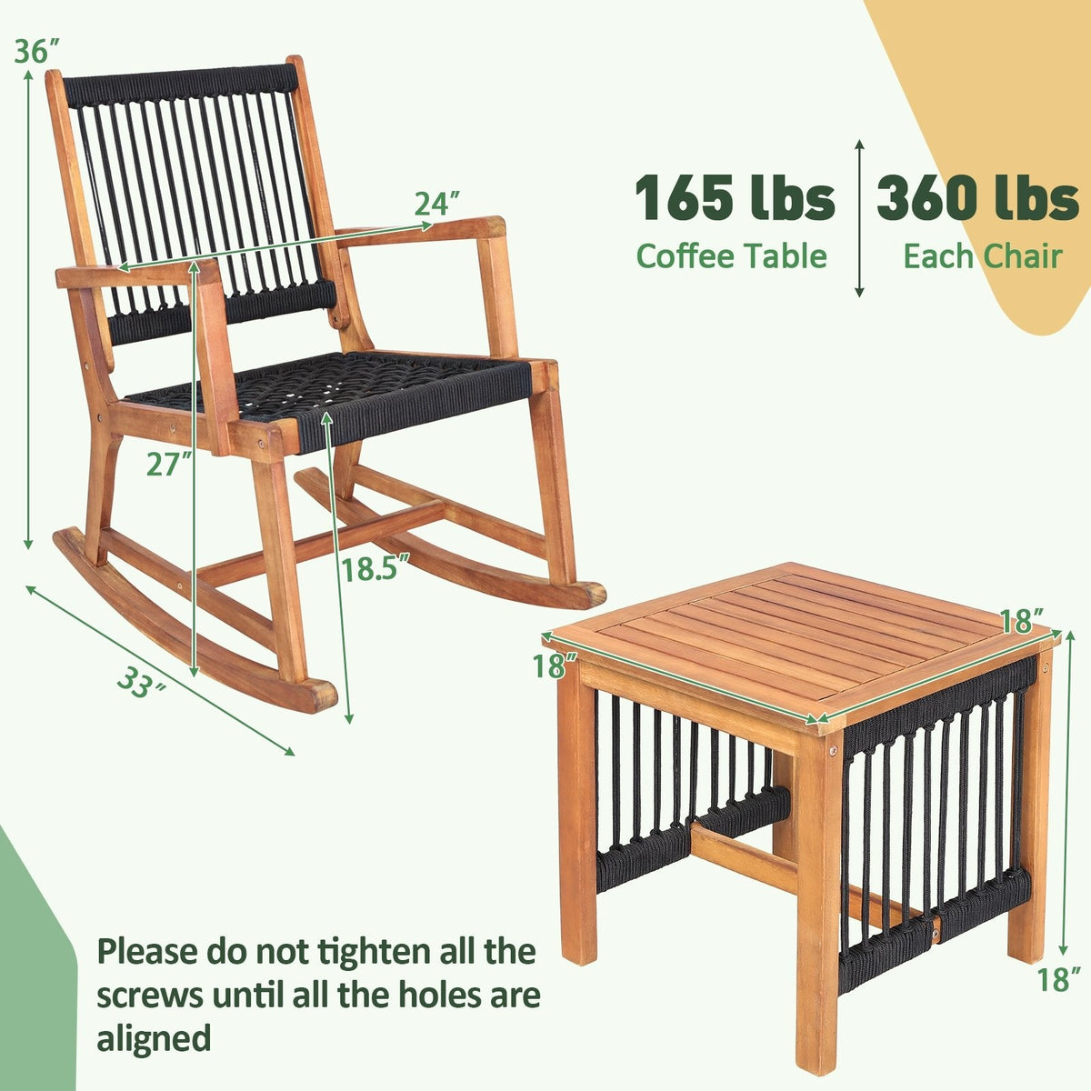 Juego de bistró mecedor de madera de acacia de 3 piezas, 2 mecedores con capacidad para 360 lb y asientos de cuerda de plástico tejida a mano y mesa de listones de 18 in