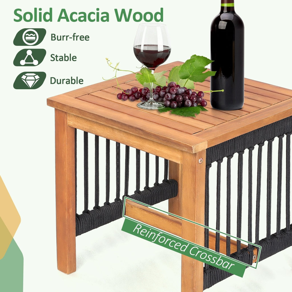 Juego de bistró mecedor de madera de acacia de 3 piezas, 2 mecedores con capacidad para 360 lb y asientos de cuerda de plástico tejida a mano y mesa de listones de 18 in
