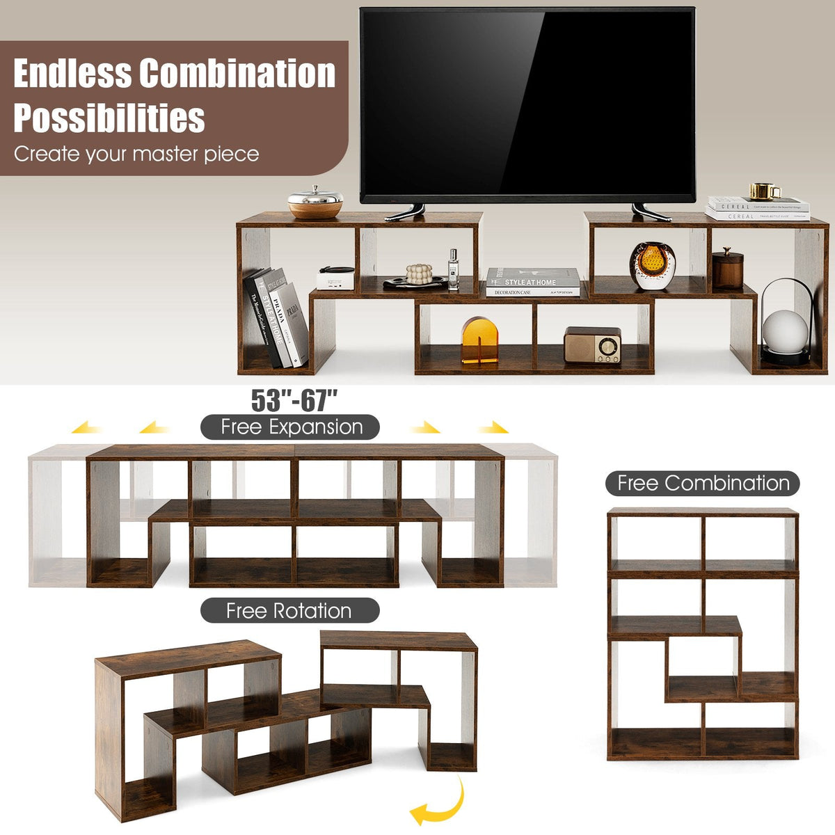 Mueble de TV de 3 piezas para televisores de hasta 65 pulgadas con estantes - Marrón